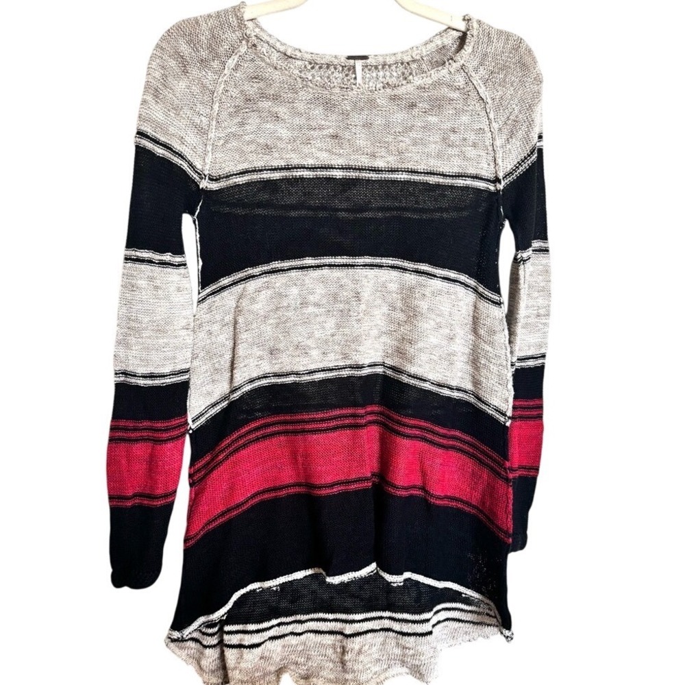 Free People Womens Striped High Low Tunic Sweater Black Pink XS OB425501